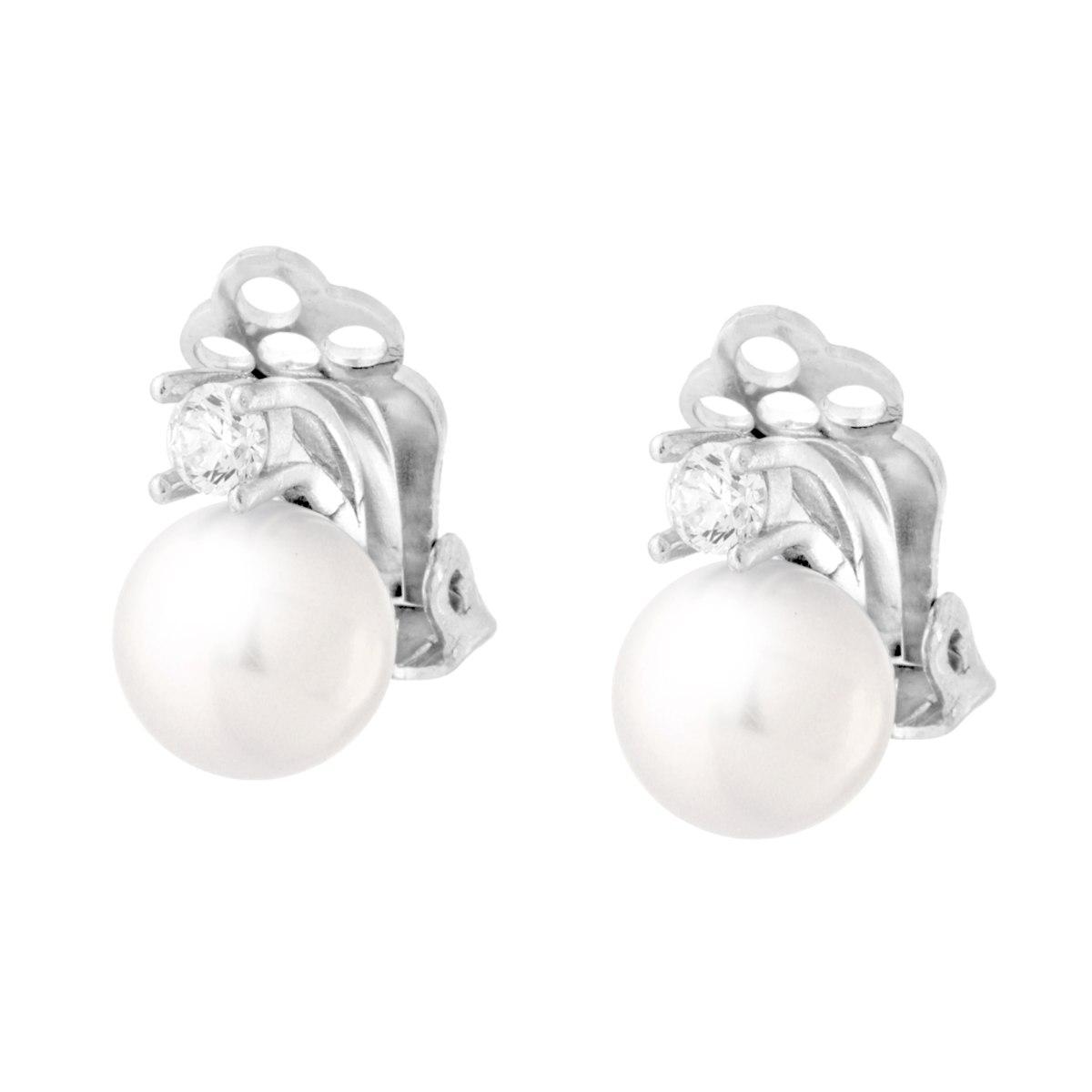 Orecchini Clip Perla Vetro Perlato mm 8 con Cubic Zirconia Bianco in ARGENTO 925 Galvanica Rodio