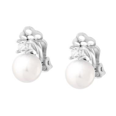 Orecchini Clip Perla Vetro Perlato mm 8 con Cubic Zirconia Bianco in ARGENTO 925 Galvanica Rodio