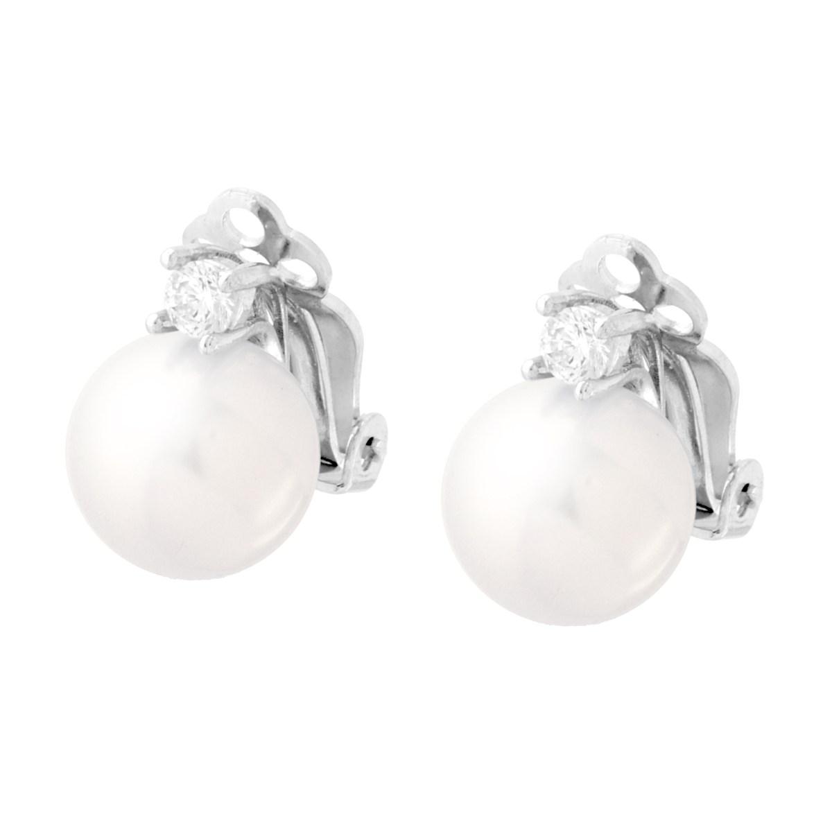 Orecchini Clip Perla Vetro Perlato mm 10 con Cubic Zirconia Bianco in ARGENTO 925 Galvanica Rodio