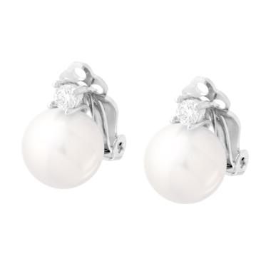 Orecchini Clip Perla Vetro Perlato mm 10 con Cubic Zirconia Bianco in ARGENTO 925 Galvanica Rodio
