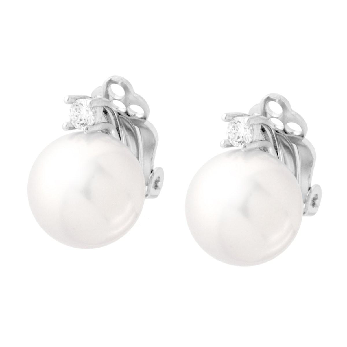 Orecchini Clip Perla Vetro Perlato mm 12 con Cubic Zirconia Bianco in ARGENTO 925 Galvanica Rodio