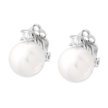 Orecchini Clip Perla Vetro Perlato mm 12 con Cubic Zirconia Bianco in ARGENTO 925 Galvanica Rodio