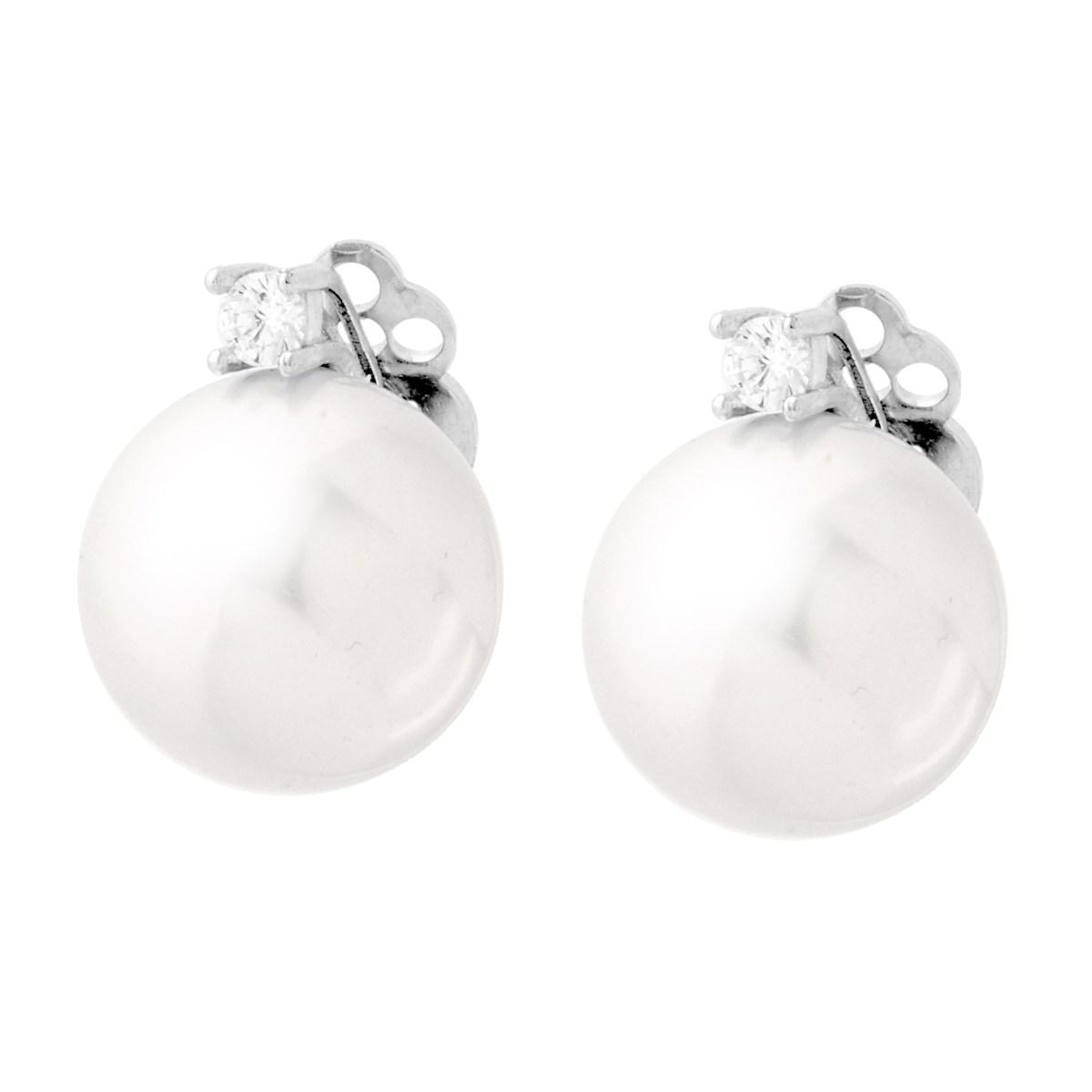 Orecchini Clip Perla Vetro Perlato mm 14 con Cubic Zirconia Bianco in ARGENTO 925 Galvanica Rodio