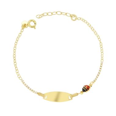 Bracciale Bimbo Bimba Targa Ovale con Catena Forzatina Diamantata Tennis Cubic Zirconia Bianchi e Coccinella Smalto Rosso in ARGENTO 925 Galvanica Oro