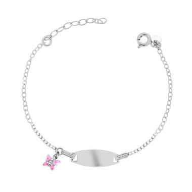 Bracciale Bimbo Bimba Targa Ovale con Catena Forzatina Tennis Cubic Zirconia Bianchi e Farfalla Smalto Rosa pendente in ARGENTO 925 Galvanica Rodio