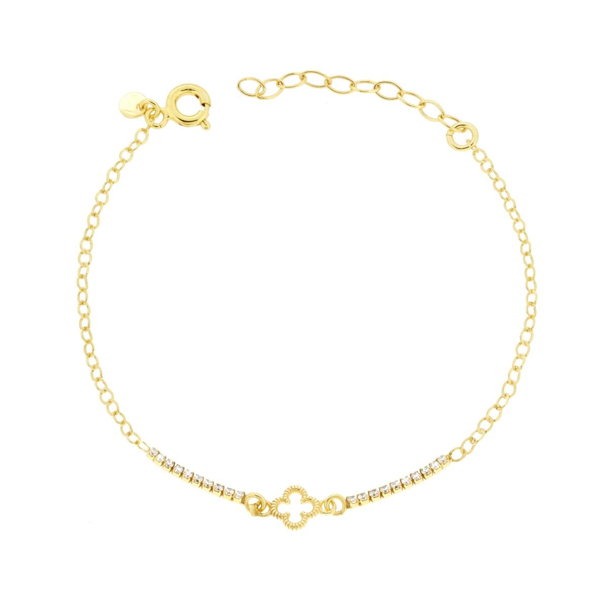 Bracciale Catena Forzatina Diamantata e Tennis Cubic Zirconia Bianchi e Quadrifoglio in ARGENTO 925 Galvanica Oro