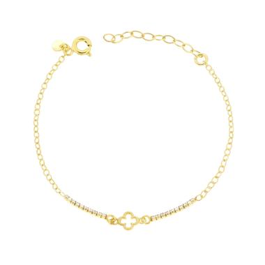 Bracciale Catena Forzatina Diamantata e Tennis Cubic Zirconia Bianchi e Quadrifoglio in ARGENTO 925 Galvanica Oro