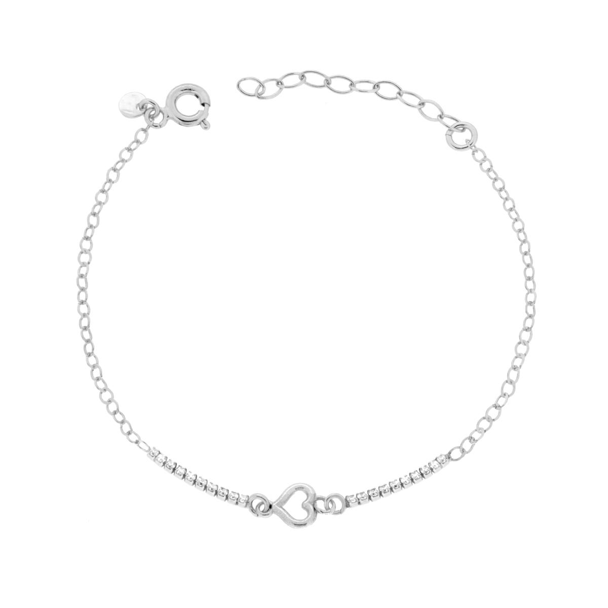 Bracciale Catena Forzatina Diamantata con Tennis Cubic Zirconia Bianchi e Cuore in ARGENTO 925 Galvanica Rodio