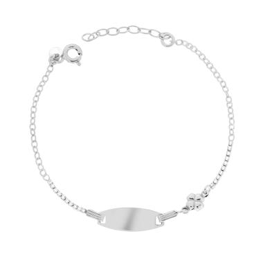 Bracciale Bimbo Bimba Targa Ovale con Catena Forzatina Diamantata Tennis Cubic Zirconia Bianchi e Quadrifoglio in ARGENTO 925 Galvanica Rodio