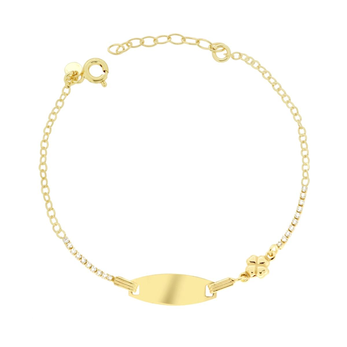 Bracciale Bimbo Bimba Targa Ovale con Catena Forzatina Diamantata Tennis Cubic Zirconia Bianchi e Quadrifoglio in ARGENTO 925 Galvanica Oro