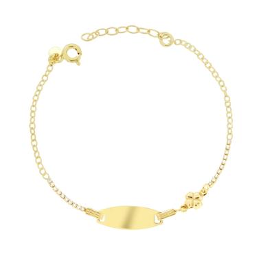 Bracciale Bimbo Bimba Targa Ovale con Catena Forzatina Diamantata Tennis Cubic Zirconia Bianchi e Quadrifoglio in ARGENTO 925 Galvanica Oro
