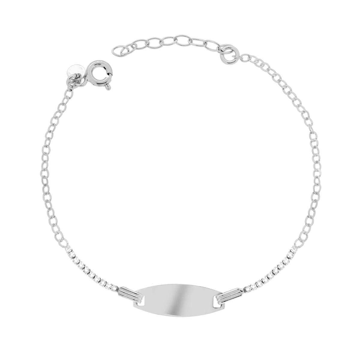 Bracciale Bimbo Bimba Targa Ovale con Catena Forzatina e Tennis Cubic Zirconia Bianchi in ARGENTO 925 Galvanica Rodio