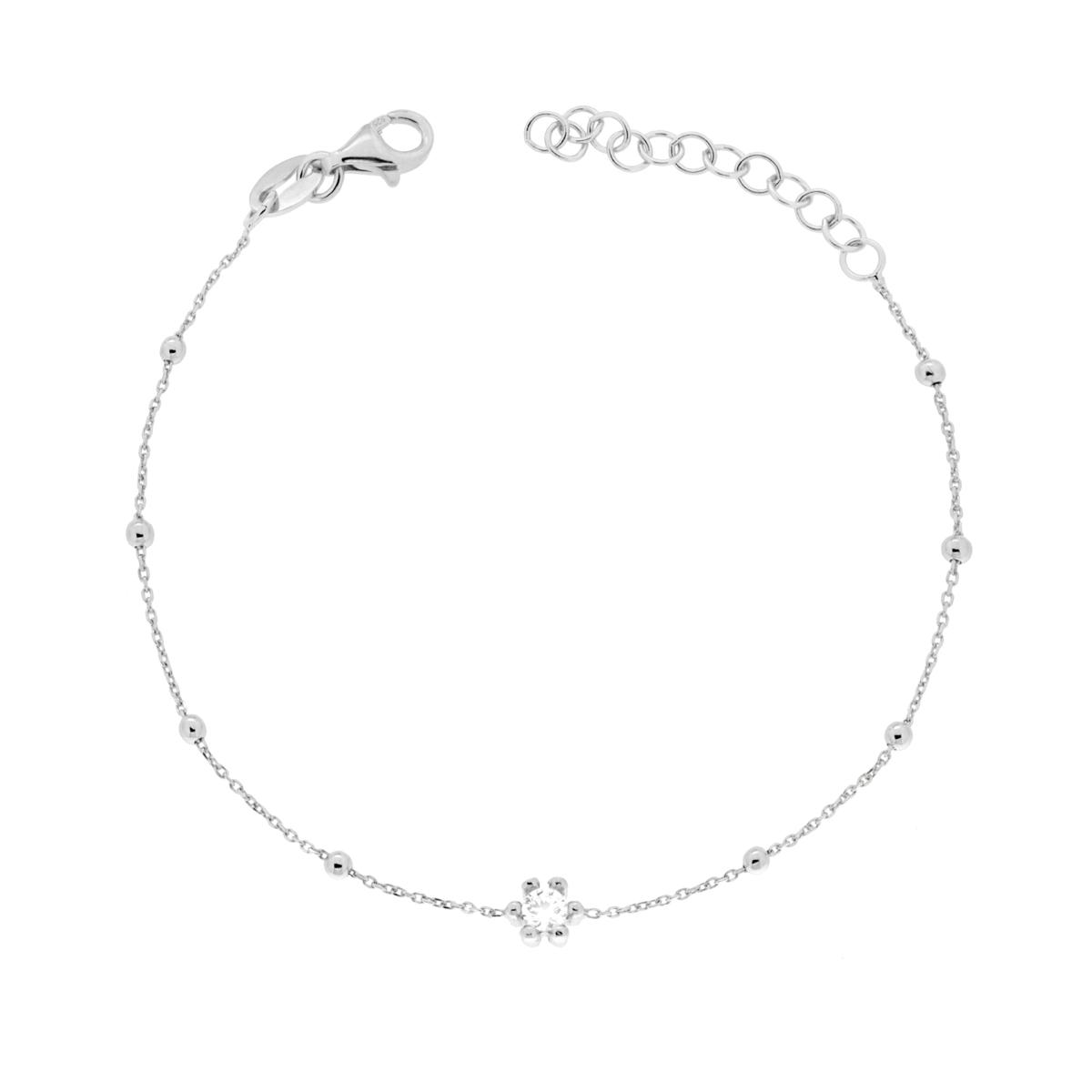 Bracciale Catena Forzatina Diamantata con Palline e Punto Luce Cubic Zirconia Bianco in ARGENTO 925 Galvanica Rodio