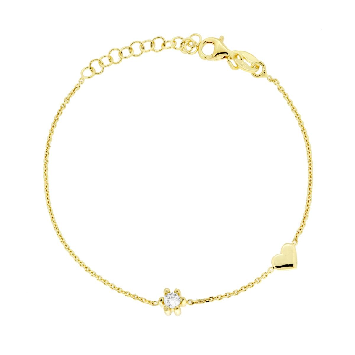Bracciale Catena Forzatina Diamantata con Punto Luce Cubic Zirconia Bianco e Cuore in ARGENTO 925 Galvanica Oro