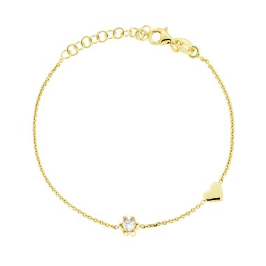 Bracciale Catena Forzatina Diamantata con Punto Luce Cubic Zirconia Bianco e Cuore in ARGENTO 925 Galvanica Oro