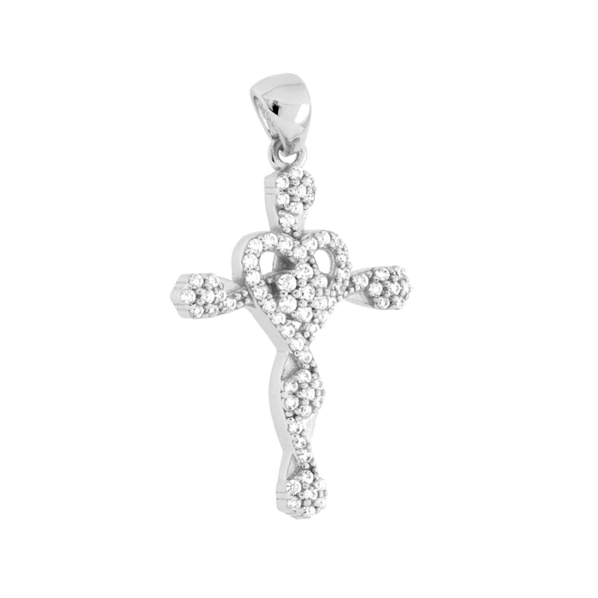 Ciondolo Croce e Cuore con Cubic Zirconia Bianchi in ARGENTO 925 Galvanica Rodio