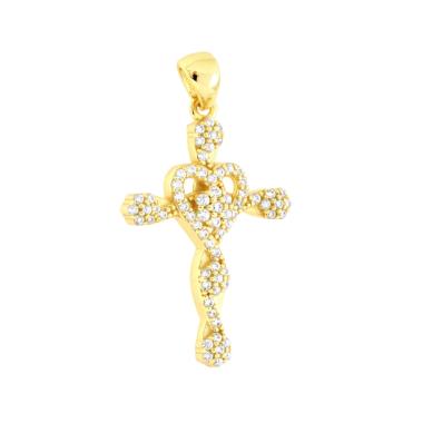 Ciondolo Croce e Cuore con Cubic Zirconia Bianchi in ARGENTO 925 Galvanica Oro
