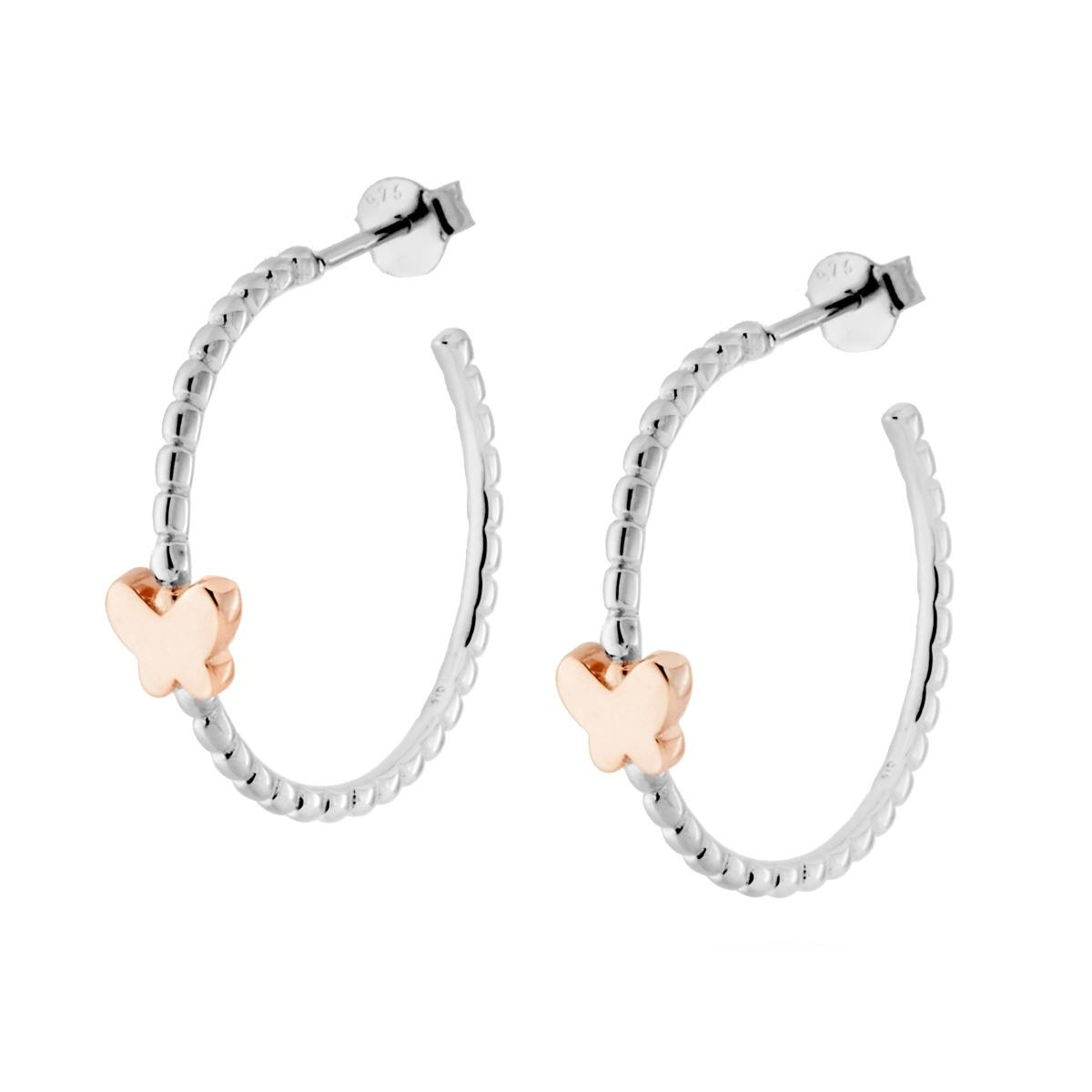 Orecchini Cerchi Boccoli con Farfalla Galvanica Rosa Oro o Rodio in ARGENTO 925 Galvanica Rodio