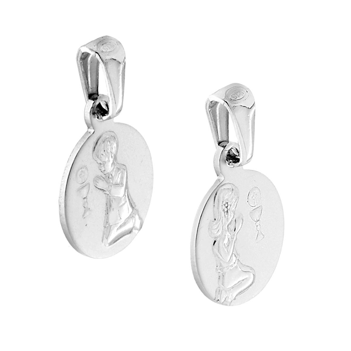 Ciondolo Medaglietta Tonda Prima Comunione Bimbo o Bimba in ARGENTO 925 Galvanica Rodio