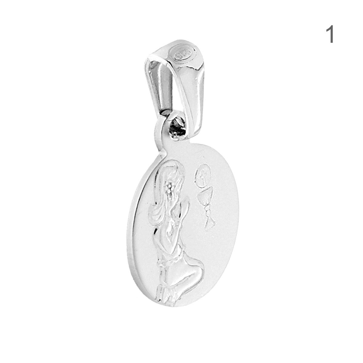 Ciondolo Medaglietta Tonda Prima Comunione Bimbo o Bimba in ARGENTO 925 Galvanica Rodio